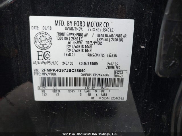 Продажа на аукционе авто 2018 Ford Edge Se, vin: 2FMPK4G97JBC38640, номер лота: 12611125