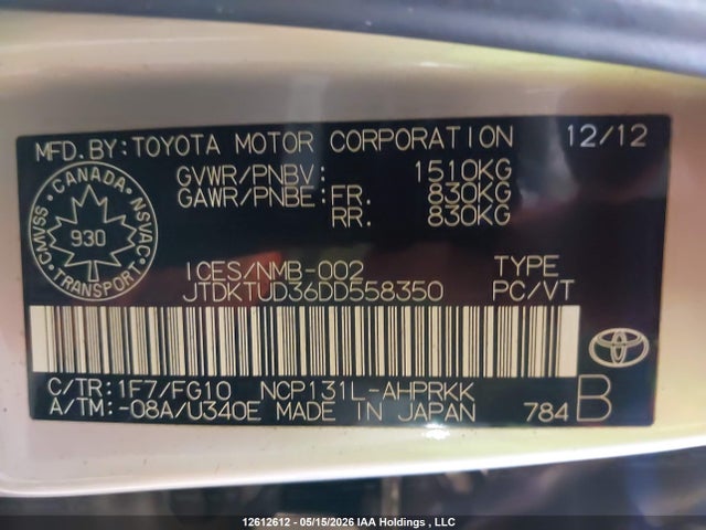 Aukcja sprzedaży 2013 Toyota Yaris Le, vin: JTDKTUD36DD558350, numer aukcji: 12612612