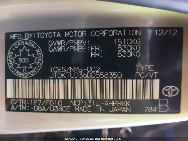 Aukcja sprzedaży 2013 Toyota Yaris Le, vin: JTDKTUD36DD558350, numer aukcji: 12612612