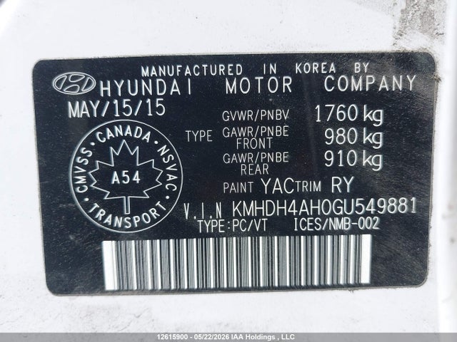 2016 Hyundai Elantra Se/sport/limited მანქანა იყიდება აუქციონზე, vin: KMHDH4AH0GU549881, აუქციონის ნომერი: 12615900