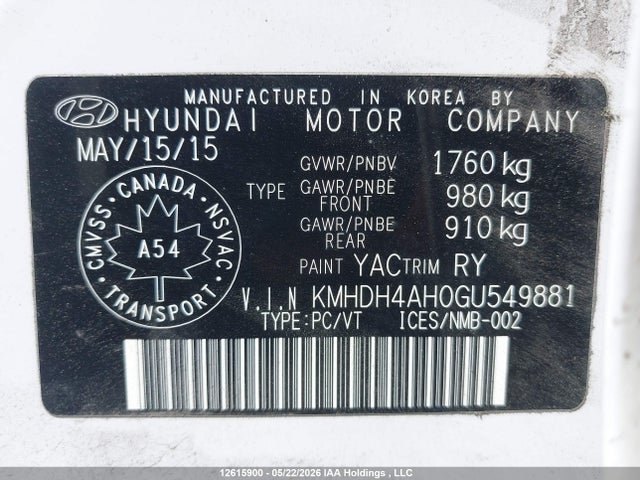 2016 Hyundai Elantra Se/sport/limited მანქანა იყიდება აუქციონზე, vin: KMHDH4AH0GU549881, აუქციონის ნომერი: 12615900