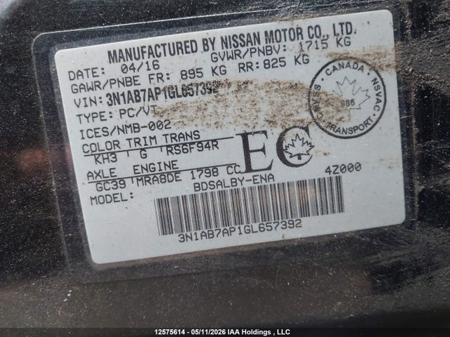 Aukcja sprzedaży 2016 Nissan Sentra 1.8 S/1.8 Sl/1.8 Sr/1.8 Sv, vin: 3N1AB7AP1GL657392, numer aukcji: 12575614