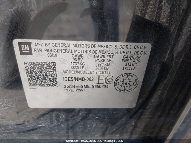 2018 Chevrolet Cruze Lt Auto მანქანა იყიდება აუქციონზე, vin: 3G1BE6SM9JS650204, აუქციონის ნომერი: 12595724