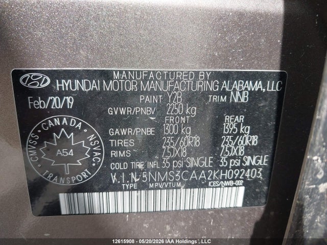 Продажа на аукционе авто 2019 Hyundai Santa Fe, vin: 5NMS3CAA2KH092403, номер лота: 12615908