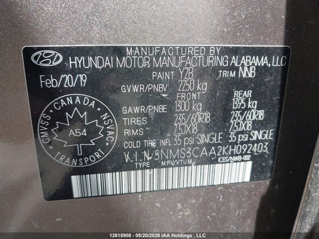 Продажа на аукционе авто 2019 Hyundai Santa Fe, vin: 5NMS3CAA2KH092403, номер лота: 12615908