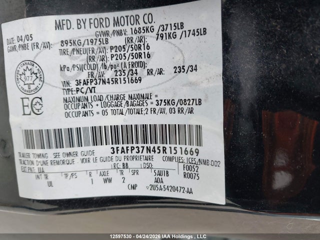 Aukcja sprzedaży 2005 Ford Focus Zx5, vin: 3FAFP37N45R151669, numer aukcji: 12597530
