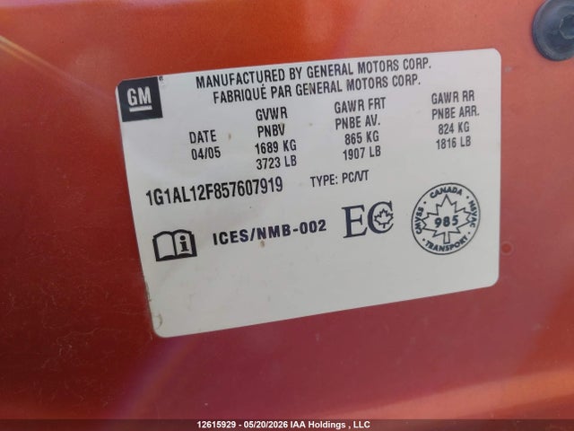 Aukcja sprzedaży 2005 Chevrolet Cobalt Ls, vin: 1G1AL12F857607919, numer aukcji: 12615929
