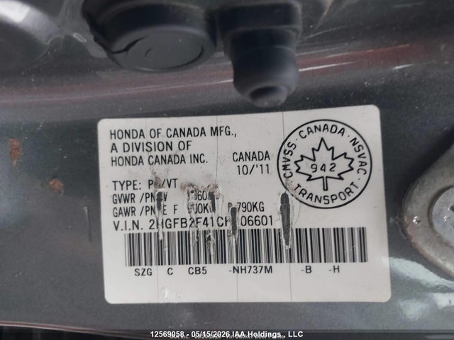 Aukcja sprzedaży 2012 Honda Civic Lx, vin: 2HGFB2F41CH106601, numer aukcji: 12569058