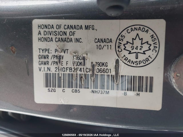 Aukcja sprzedaży 2012 Honda Civic Lx, vin: 2HGFB2F41CH106601, numer aukcji: 12569058