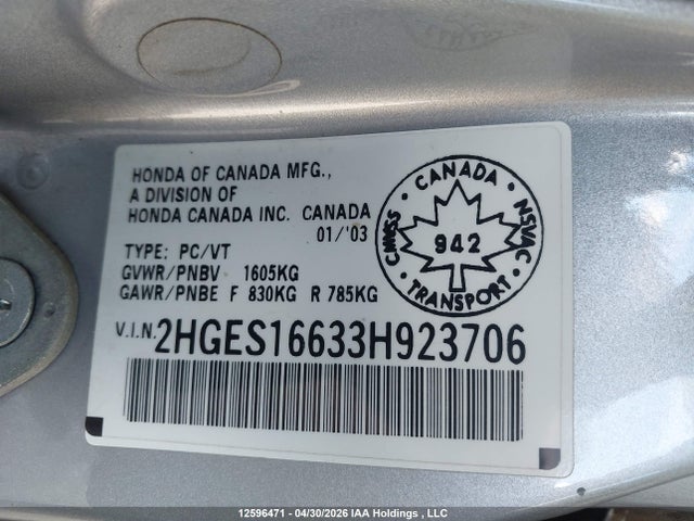 Продажа на аукционе авто 2003 Honda Civic Lx, vin: 2HGES16633H923706, номер лота: 12596471