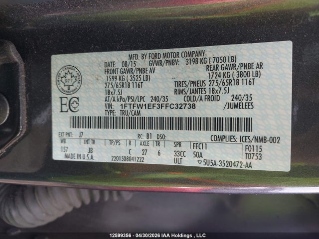 Продажа на аукционе авто 2015 Ford F-150 Xlt, vin: 1FTFW1EF3FFC32738, номер лота: 12599356