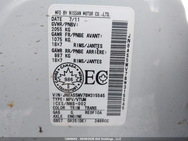 Продаж на аукціоні авто 2011 Nissan Rogue Sv, vin: JN8AS5MV7BW315545, номер лоту: 12609052