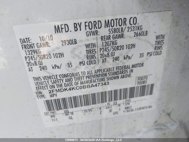 Продажа на аукционе авто 2011 Ford Edge Limited, vin: 2FMDK4KC0BBA47343, номер лота: 12598673