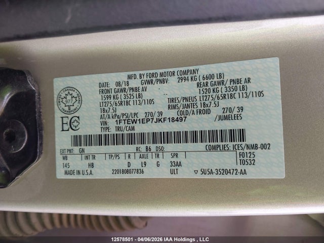 2018 Ford F-150 Lariat მანქანა იყიდება აუქციონზე, vin: 1FTEW1EP7JKF18497, აუქციონის ნომერი: 12578501