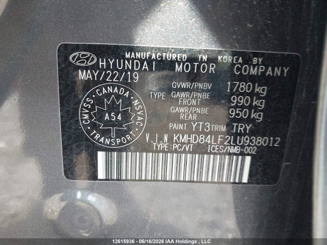 12615936 :رقم المزاد ، KMHD84LF2LU938012 vin ، 2020 Hyundai Elantra Preferred Auto Ivt مزاد بيع