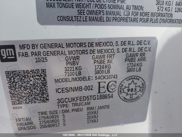 2026 Chevrolet Silverado 1500 მანქანა იყიდება აუქციონზე, vin: 3GCUKFED5TG188654, აუქციონის ნომერი: 12615945