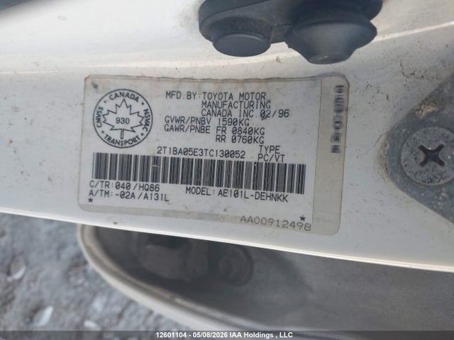 Aukcja sprzedaży 1996 Toyota Corolla Dx, vin: 2T1BA05E3TC130052, numer aukcji: 12601104