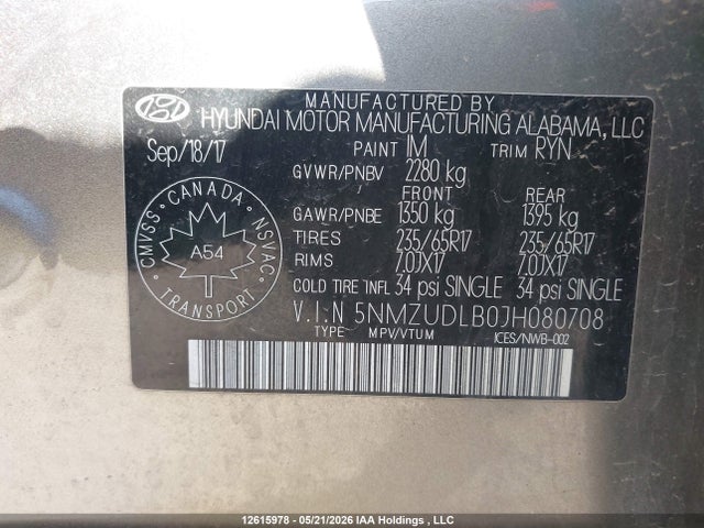 Aukcja sprzedaży 2018 Hyundai Santa Fe, vin: 5NMZUDLB0JH080708, numer aukcji: 12615978