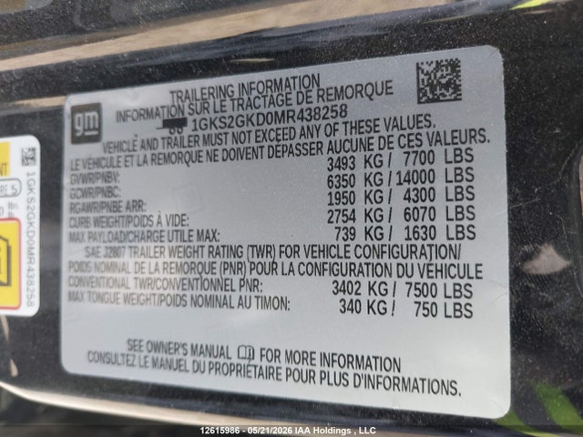 1GKS2GKD0MR438258 GMC Yukon Xl K1500 Slt