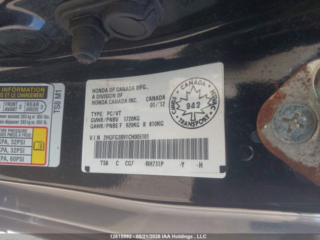 2012 Honda Civic Exl მანქანა იყიდება აუქციონზე, vin: 2HGFG3B91CH005101, აუქციონის ნომერი: 12615992