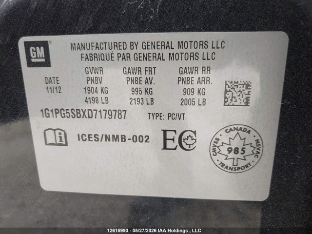 Aukcja sprzedaży 2013 Chevrolet Cruze Ltz Turbo, vin: 1G1PG5SBXD7179787, numer aukcji: 12615993