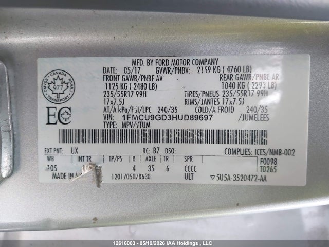 1FMCU9GD3HUD89697 Ford ESCAPE SE