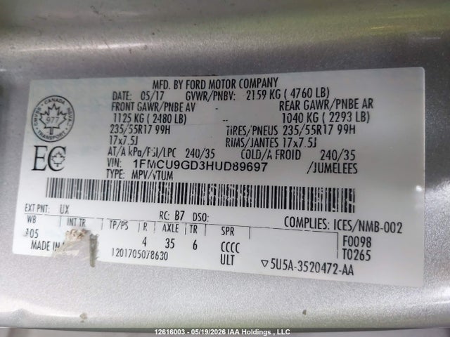1FMCU9GD3HUD89697 Ford ESCAPE SE