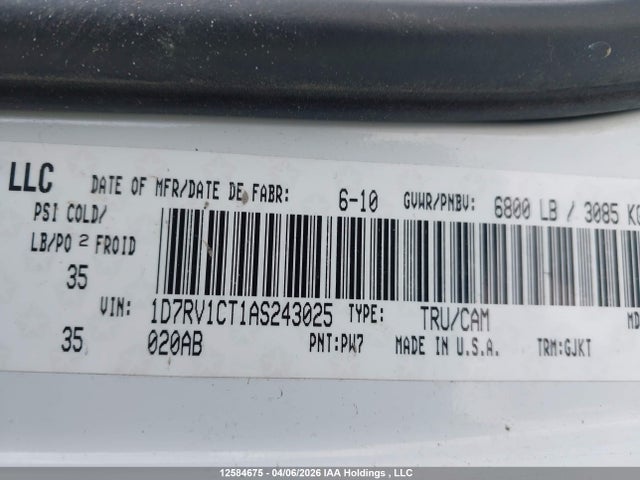 Продажа на аукционе авто 2010 Dodge Ram 1500 Laramie, vin: 1D7RV1CT1AS243025, номер лота: 12584675