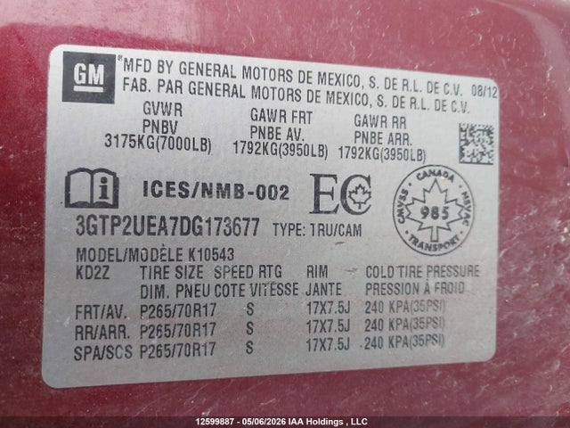 Aukcja sprzedaży 2013 Gmc Sierra 1500 Sl, vin: 3GTP2UEA7DG173677, numer aukcji: 12599887