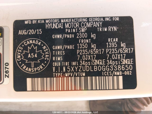12616011 :رقم المزاد ، 5XYZUDLB0GG338650 vin ، 2016 Hyundai Santa Fe Sport مزاد بيع