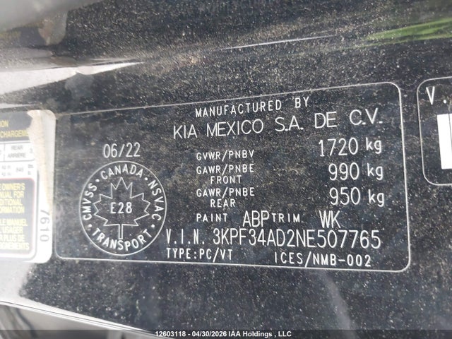 Aukcja sprzedaży 2022 Kia Forte Ex/ex Premium/ex+/gt-line, vin: 3KPF34AD2NE507765, numer aukcji: 12603118