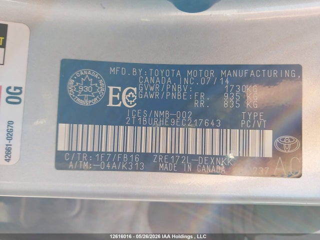 12616016 :رقم المزاد ، 2T1BURHE9EC217643 vin ، 2014 Toyota Corolla L/le/le Pls/prm/s/s Pls مزاد بيع