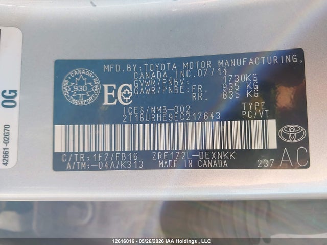 12616016 :رقم المزاد ، 2T1BURHE9EC217643 vin ، 2014 Toyota Corolla L/le/le Pls/prm/s/s Pls مزاد بيع