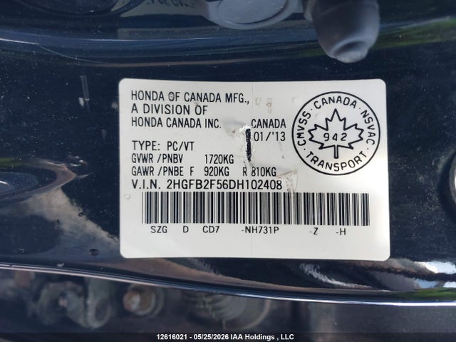 12616021 :رقم المزاد ، 2HGFB2F56DH102408 vin ، 2013 Honda Civic Ex 4dr مزاد بيع