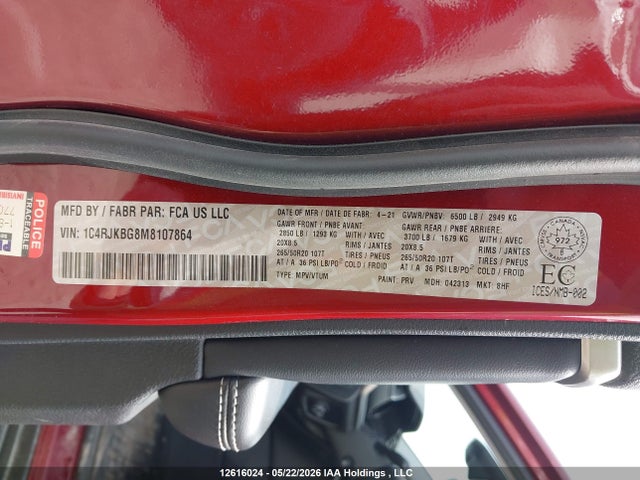 Aukcja sprzedaży 2021 Jeep Grand Cherokee L Limited, vin: 1C4RJKBG8M8107864, numer aukcji: 12616024