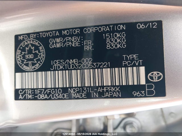 12614064 :رقم المزاد ، JTDKTUD32CD537221 vin ، 2012 Toyota Yaris Le مزاد بيع