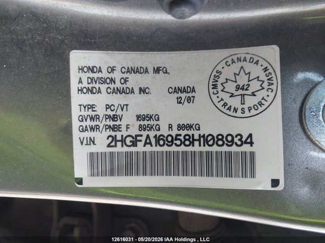 Aukcja sprzedaży 2008 Honda Civic Ex-l, vin: 2HGFA16958H108934, numer aukcji: 12616031