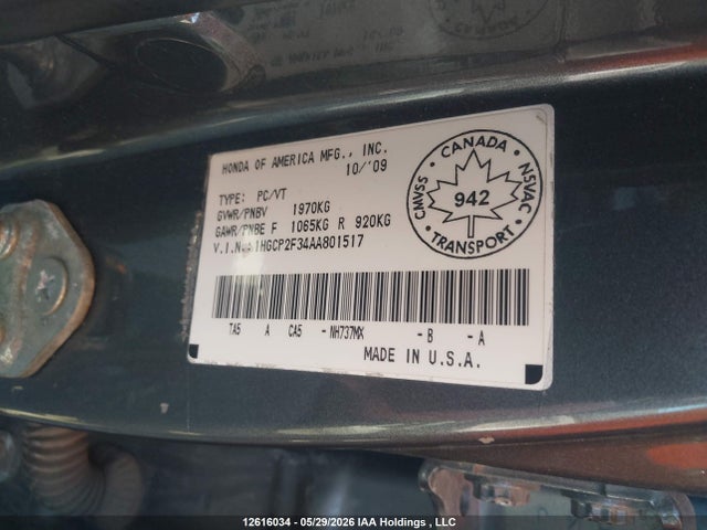 12616034 :رقم المزاد ، 1HGCP2F34AA801517 vin ، 2010 Honda Accord Lx مزاد بيع