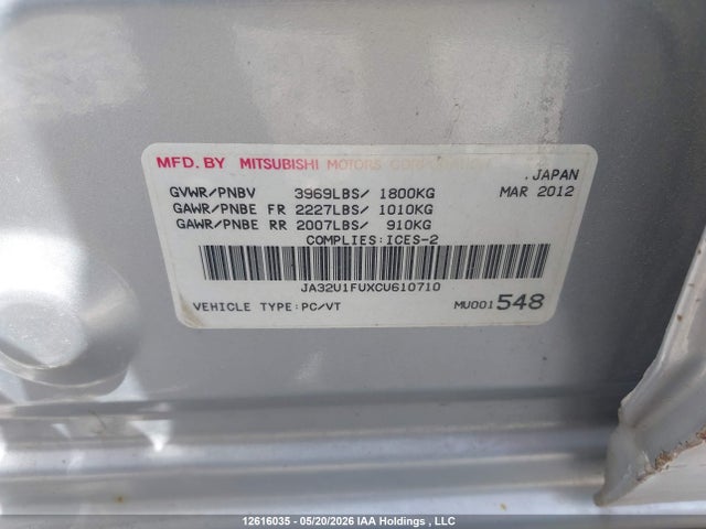 2012 Mitsubishi Lancer De მანქანა იყიდება აუქციონზე, vin: JA32U1FUXCU610710, აუქციონის ნომერი: 12616035
