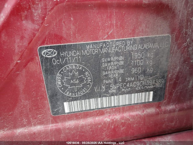 Aukcja sprzedaży 2012 Hyundai Sonata Limited, vin: 5NPEC4AC9CH394389, numer aukcji: 12616036