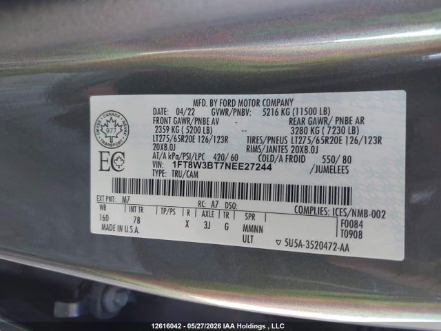 Aukcja sprzedaży 2022 Ford F-350 Platinum, vin: 1FT8W3BT7NEE27244, numer aukcji: 12616042