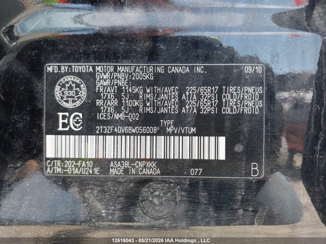 12616043 :رقم المزاد ، 2T3ZF4DV6BW056008 vin ، 2011 Toyota Rav4 مزاد بيع