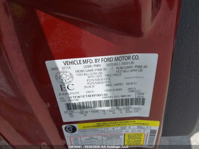 Продаж на аукціоні авто 2014 Ford F-150 Fx4, vin: 1FTFW1ET4EKF00126, номер лоту: 12616061