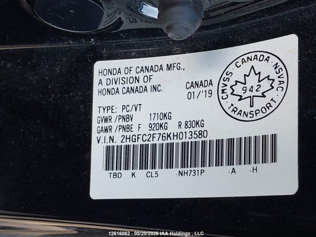 2HGFC2F76KH013580 Honda CIVIC EX