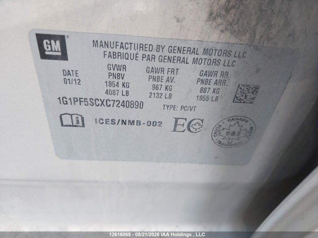 Продаж на аукціоні авто 2012 Chevrolet Cruze, vin: 1G1PF5SCXC7240890, номер лоту: 12616065
