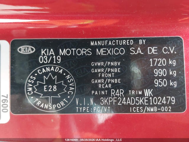 12616069 :رقم المزاد ، 3KPF24AD5KE102479 vin ، 2019 Kia Forte Lx مزاد بيع