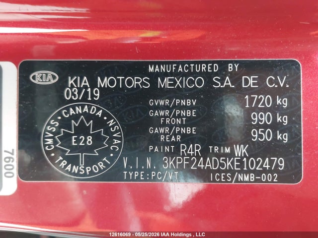 12616069 :رقم المزاد ، 3KPF24AD5KE102479 vin ، 2019 Kia Forte Lx مزاد بيع