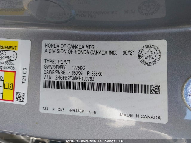 Aukcja sprzedaży 2022 Honda Civic Ex, vin: 2HGFE2F38NH103762, numer aukcji: 12616075