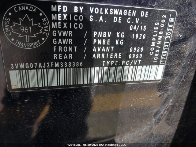 Aukcja sprzedaży 2015 Volkswagen Jetta 1.8 Tsi Highline, vin: 3VWG07AJ2FM338386, numer aukcji: 12616086