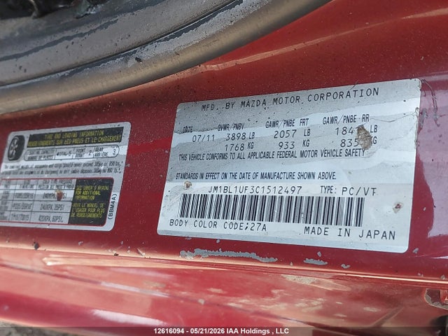 Aukcja sprzedaży 2012 Mazda Mazda3, vin: JM1BL1UF3C1512497, numer aukcji: 12616094